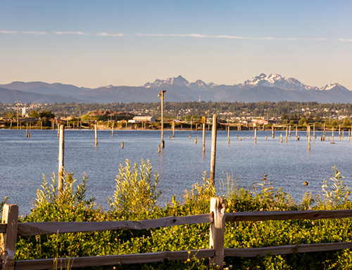 a bridge over a body of water with a mountain in the background
