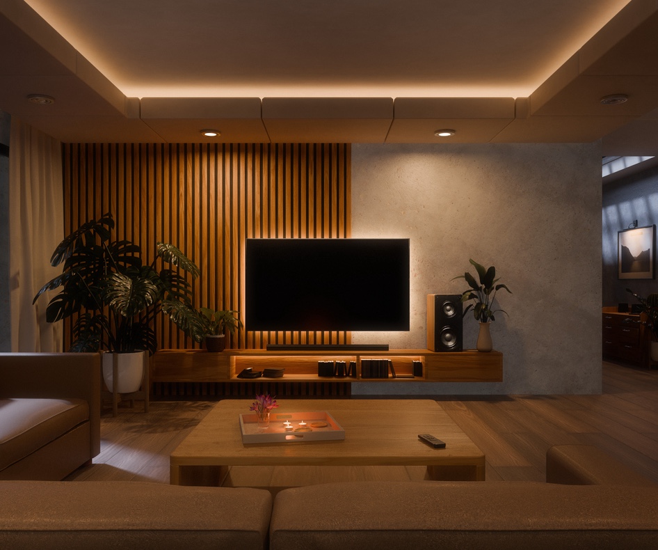 a living room filled with furniture and a large window